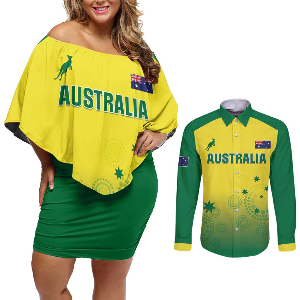 Custom Australia Cricket Couples Matching Off Shoulder Short Dress and Long Sleeve Button Shirt Go Champions Aussies LT05