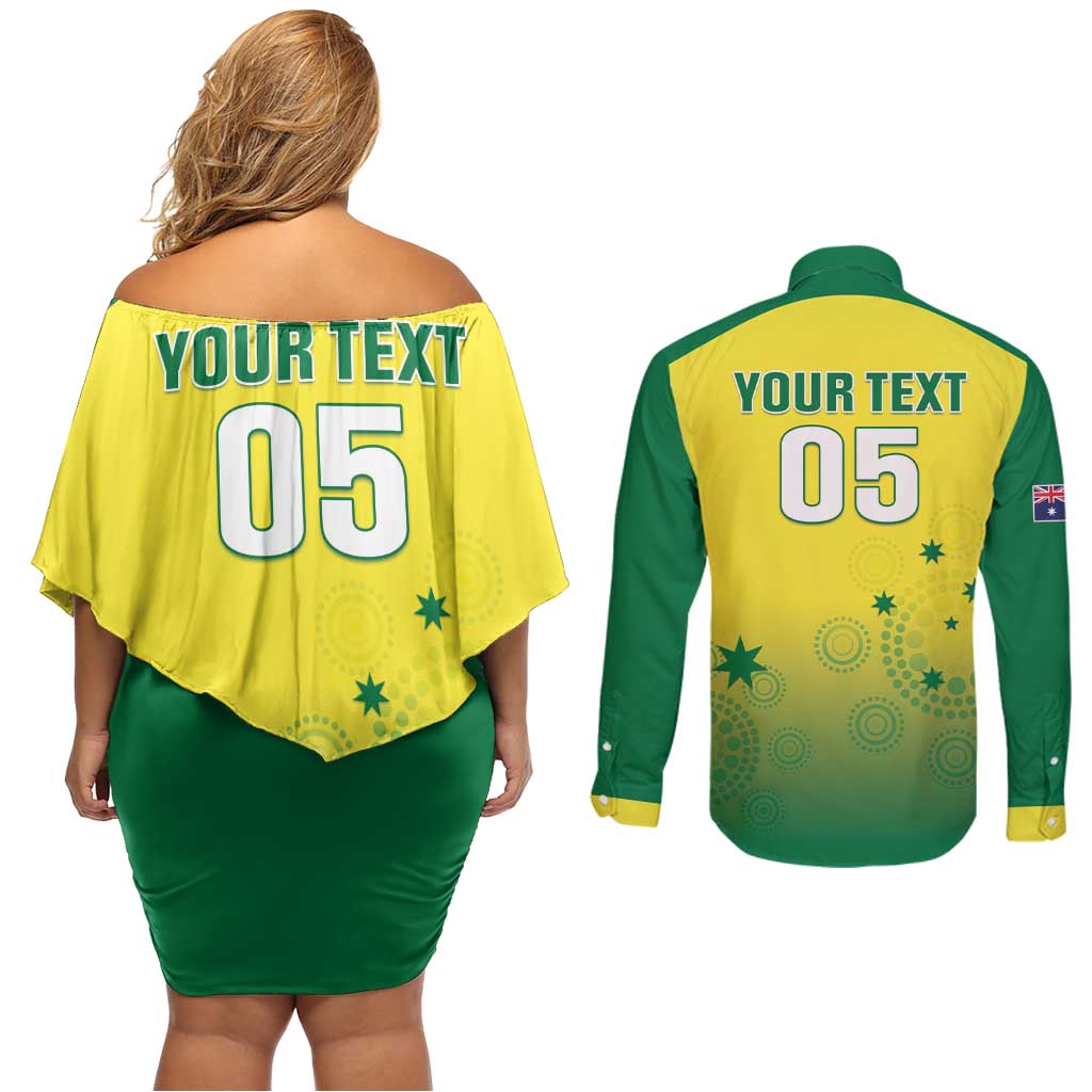 Custom Australia Cricket Couples Matching Off Shoulder Short Dress and Long Sleeve Button Shirt Go Champions Aussies LT05