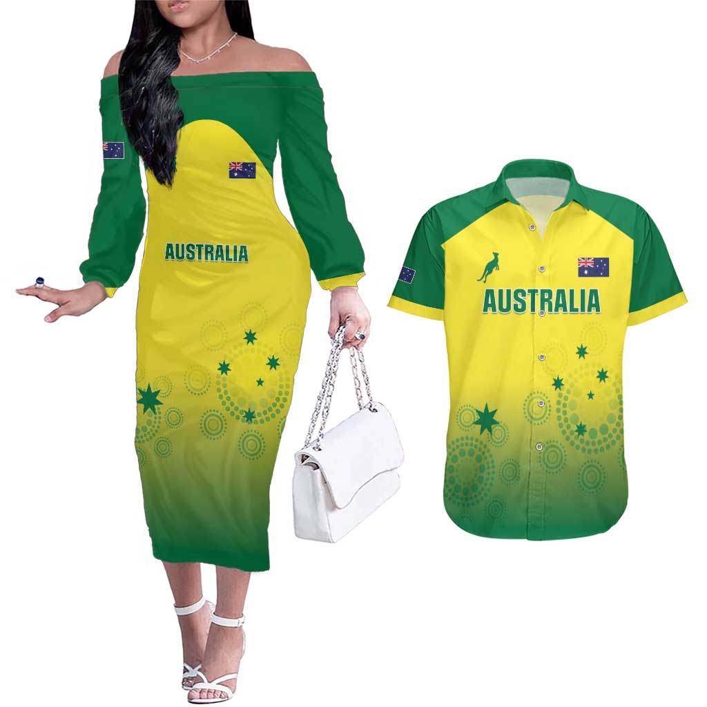 Custom Australia Cricket Couples Matching Off The Shoulder Long Sleeve Dress and Hawaiian Shirt Go Champions Aussies LT05