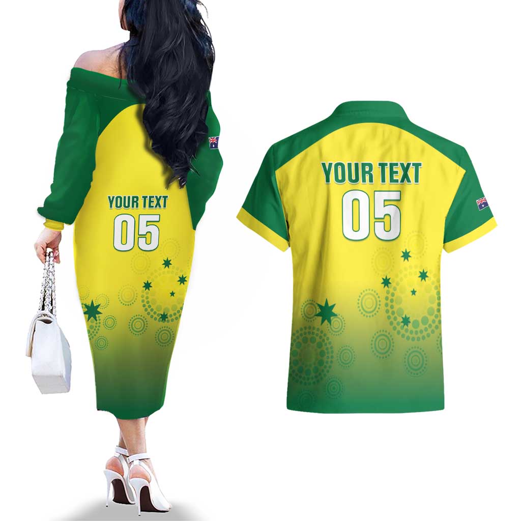 Custom Australia Cricket Couples Matching Off The Shoulder Long Sleeve Dress and Hawaiian Shirt Go Champions Aussies LT05