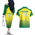 Custom Australia Cricket Couples Matching Off The Shoulder Long Sleeve Dress and Hawaiian Shirt Go Champions Aussies LT05