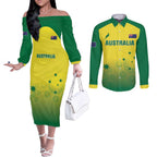 Custom Australia Cricket Couples Matching Off The Shoulder Long Sleeve Dress and Long Sleeve Button Shirt Go Champions Aussies LT05