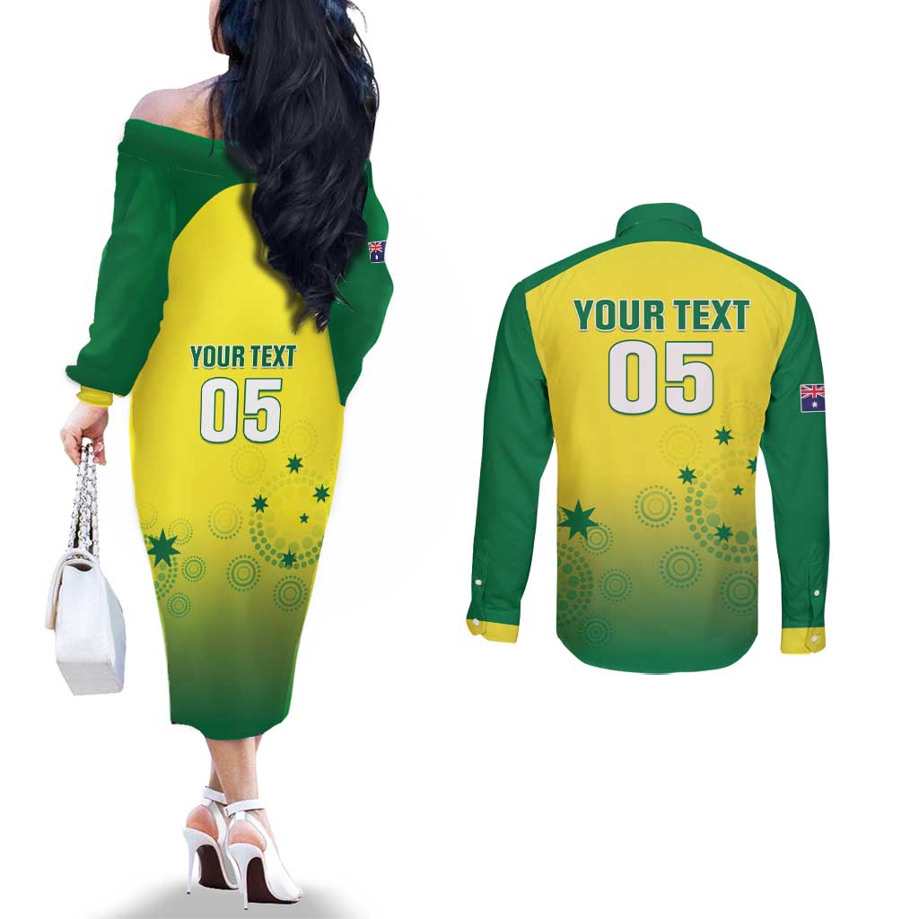 Custom Australia Cricket Couples Matching Off The Shoulder Long Sleeve Dress and Long Sleeve Button Shirt Go Champions Aussies LT05
