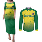 Custom Australia Cricket Couples Matching Puletasi and Long Sleeve Button Shirt Go Champions Aussies LT05
