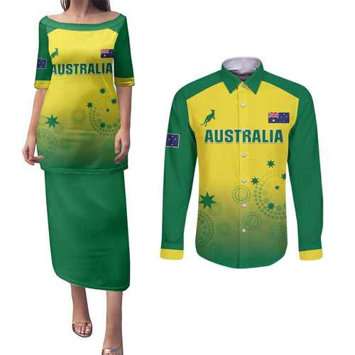 Custom Australia Cricket Couples Matching Puletasi and Long Sleeve Button Shirt Go Champions Aussies LT05