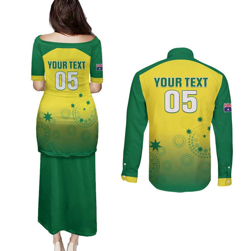 Custom Australia Cricket Couples Matching Puletasi and Long Sleeve Button Shirt Go Champions Aussies LT05
