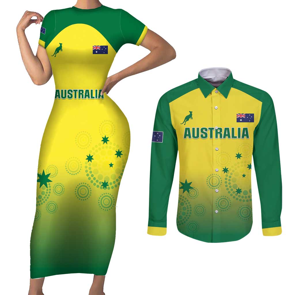 Custom Australia Cricket Couples Matching Short Sleeve Bodycon Dress and Long Sleeve Button Shirt Go Champions Aussies LT05