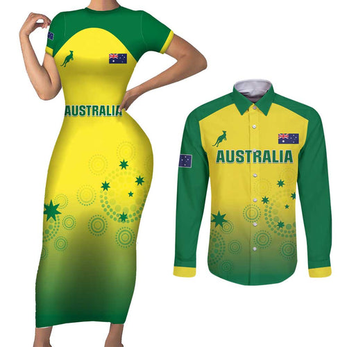 Custom Australia Cricket Couples Matching Short Sleeve Bodycon Dress and Long Sleeve Button Shirt Go Champions Aussies LT05