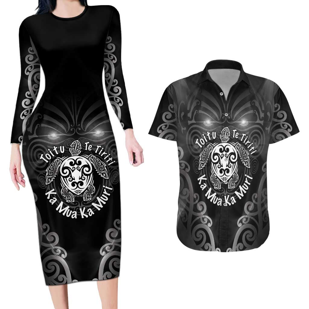 Aotearoa Toitu Te Tiriti Couples Matching Long Sleeve Bodycon Dress and Hawaiian Shirt Ka Mua Ka Muri