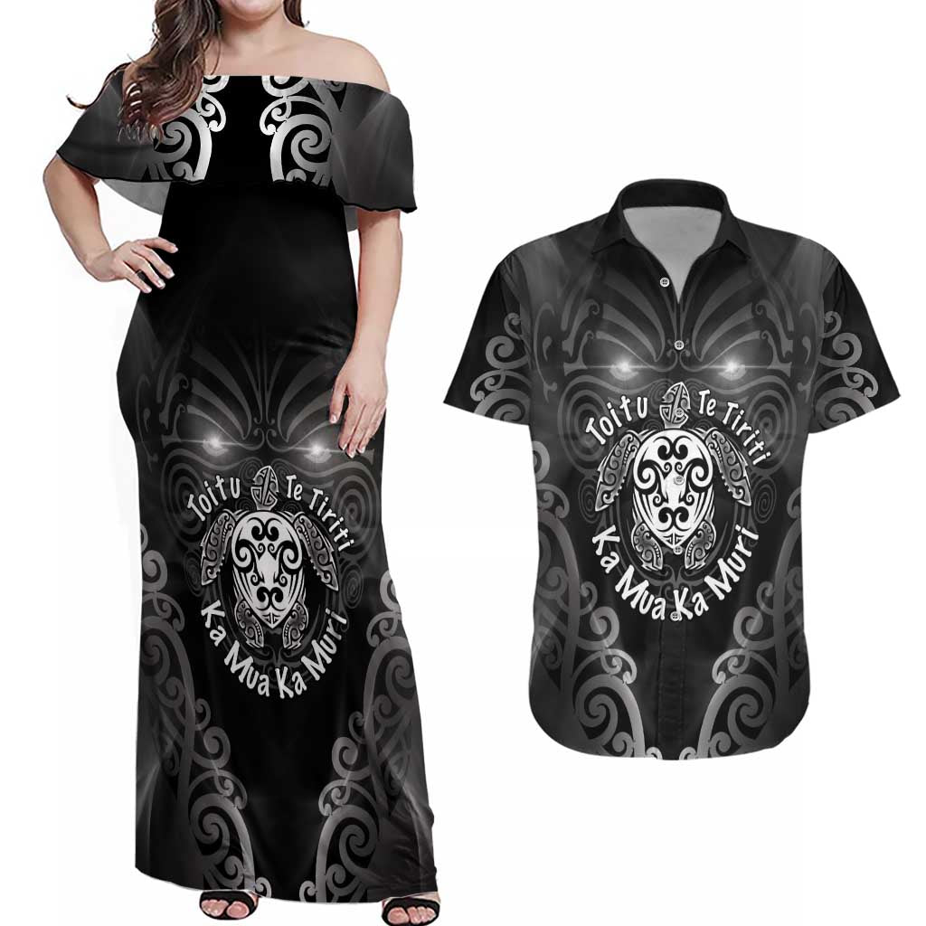 Aotearoa Toitu Te Tiriti Couples Matching Off Shoulder Maxi Dress and Hawaiian Shirt Ka Mua Ka Muri