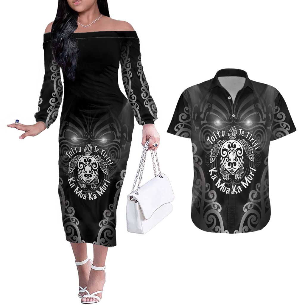 Aotearoa Toitu Te Tiriti Couples Matching Off The Shoulder Long Sleeve Dress and Hawaiian Shirt Ka Mua Ka Muri