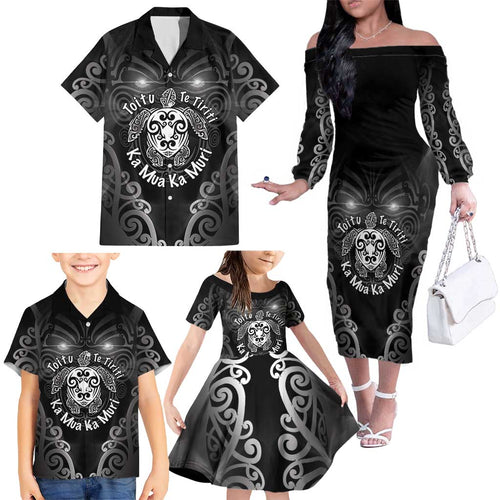 Aotearoa Toitu Te Tiriti Family Matching Off The Shoulder Long Sleeve Dress and Hawaiian Shirt Ka Mua Ka Muri