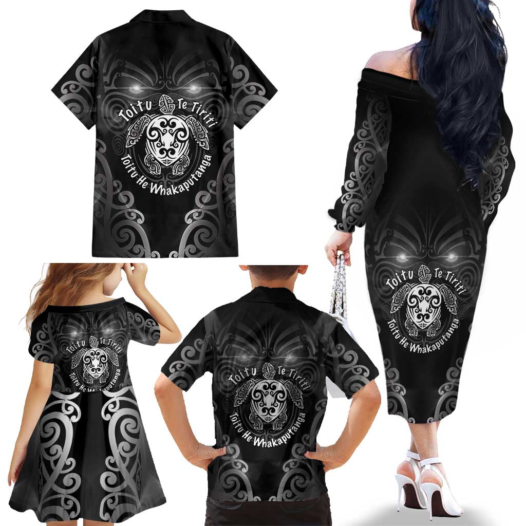 Aotearoa Toitu Te Tiriti Family Matching Off The Shoulder Long Sleeve Dress and Hawaiian Shirt Ka Mua Ka Muri