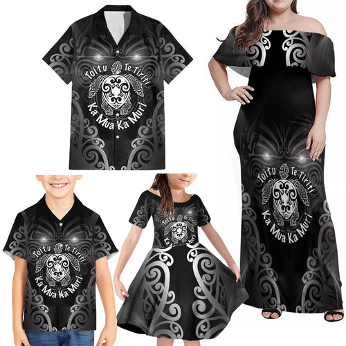 Aotearoa Toitu Te Tiriti Family Matching Off Shoulder Maxi Dress and Hawaiian Shirt Ka Mua Ka Muri