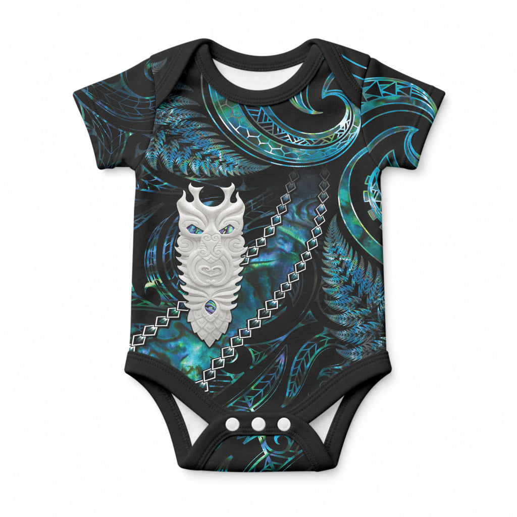 New Zealand Aotearoa Baby Onesie Maori Tane Te Waiora Paua Shell Glitter Turquoise