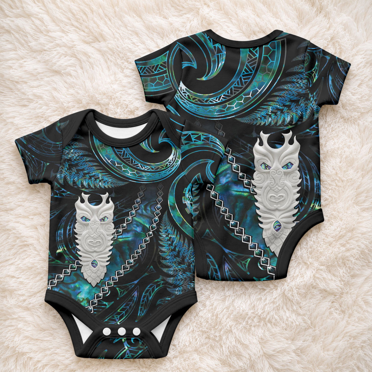 New Zealand Aotearoa Baby Onesie Maori Tane Te Waiora Paua Shell Glitter Turquoise