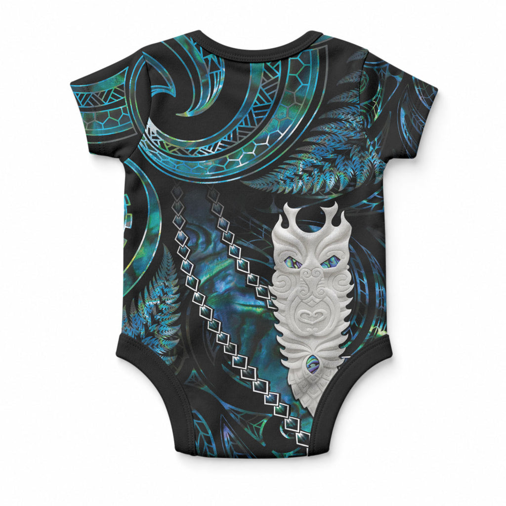 New Zealand Aotearoa Baby Onesie Maori Tane Te Waiora Paua Shell Glitter Turquoise