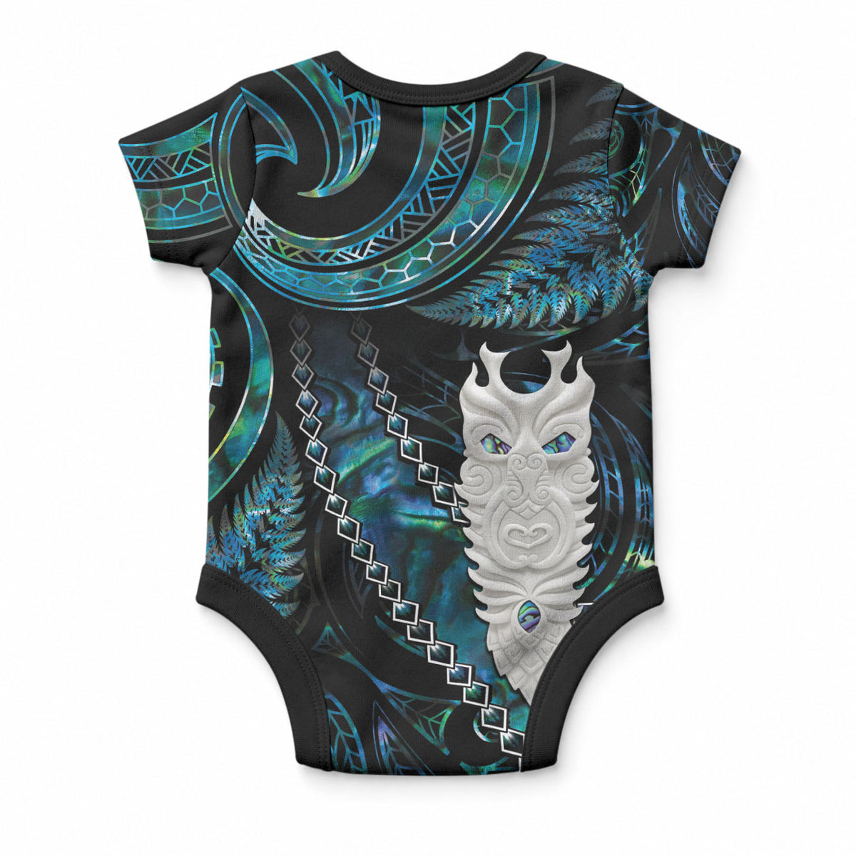 New Zealand Aotearoa Baby Onesie Maori Tane Te Waiora Paua Shell Glitter Turquoise