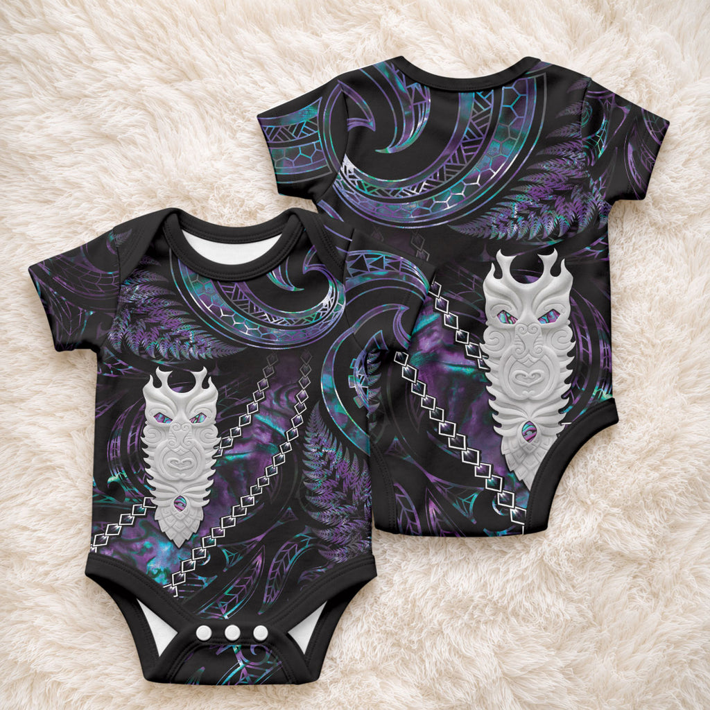 New Zealand Aotearoa Baby Onesie Maori Tane Te Waiora Paua Shell Glitter Purple