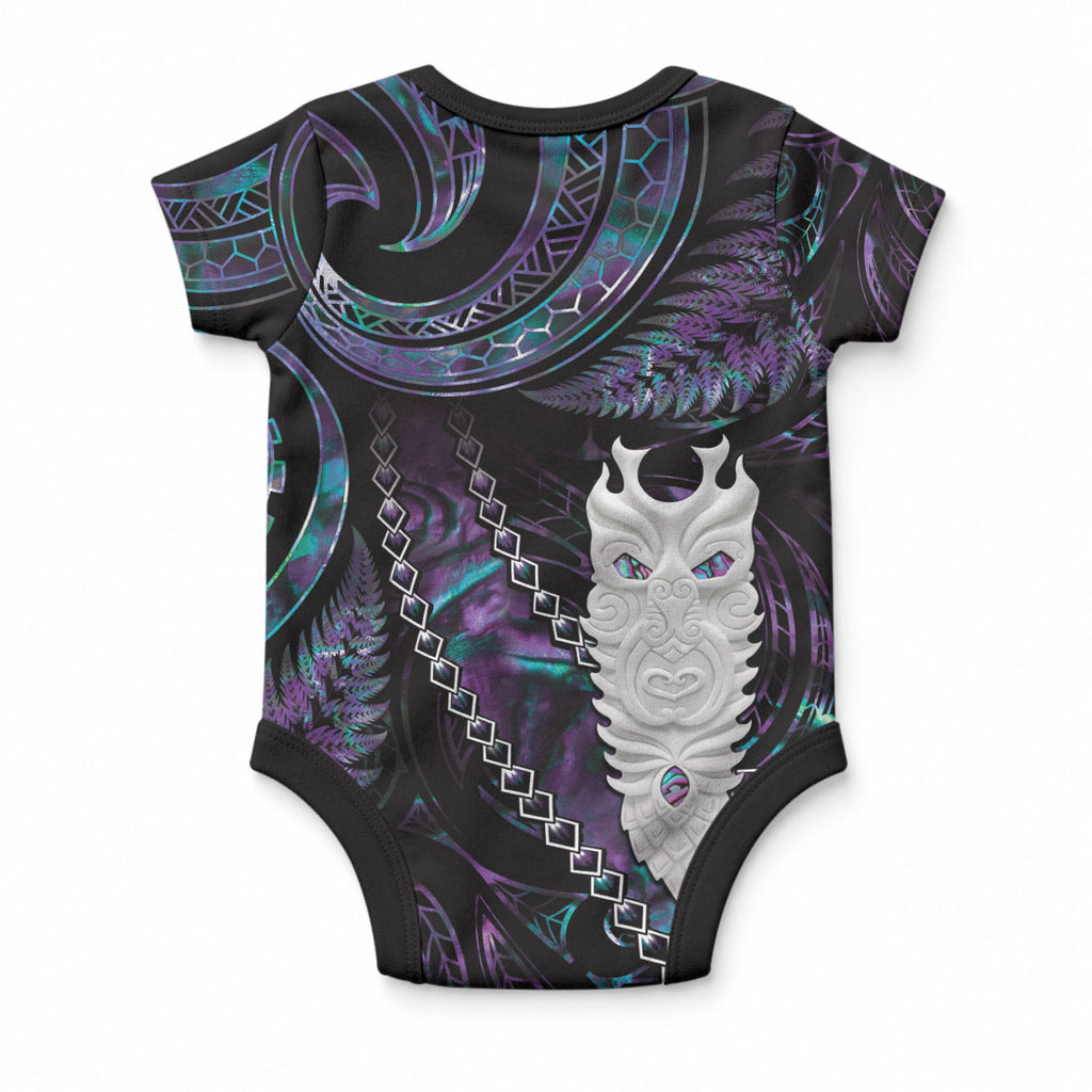 New Zealand Aotearoa Baby Onesie Maori Tane Te Waiora Paua Shell Glitter Purple