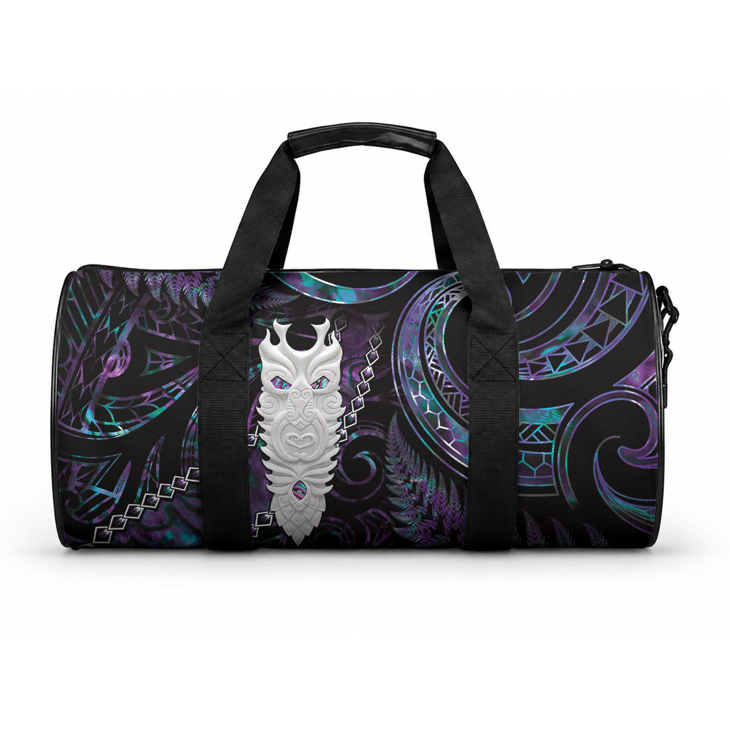 New Zealand Aotearoa Duffle Bag Maori Tane Te Waiora Paua Shell Glitter Purple