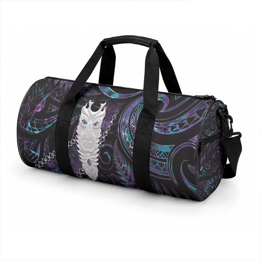 New Zealand Aotearoa Duffle Bag Maori Tane Te Waiora Paua Shell Glitter Purple