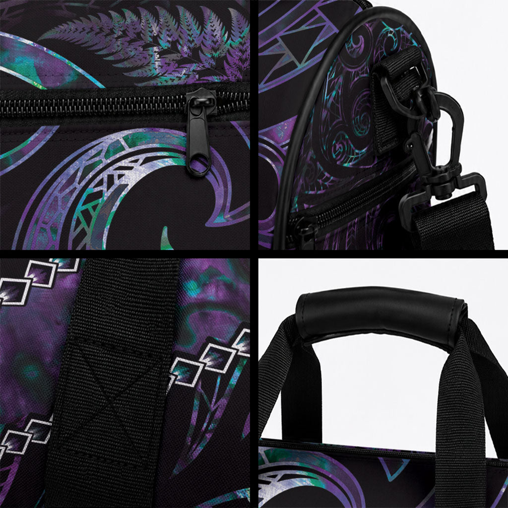 New Zealand Aotearoa Duffle Bag Maori Tane Te Waiora Paua Shell Glitter Purple