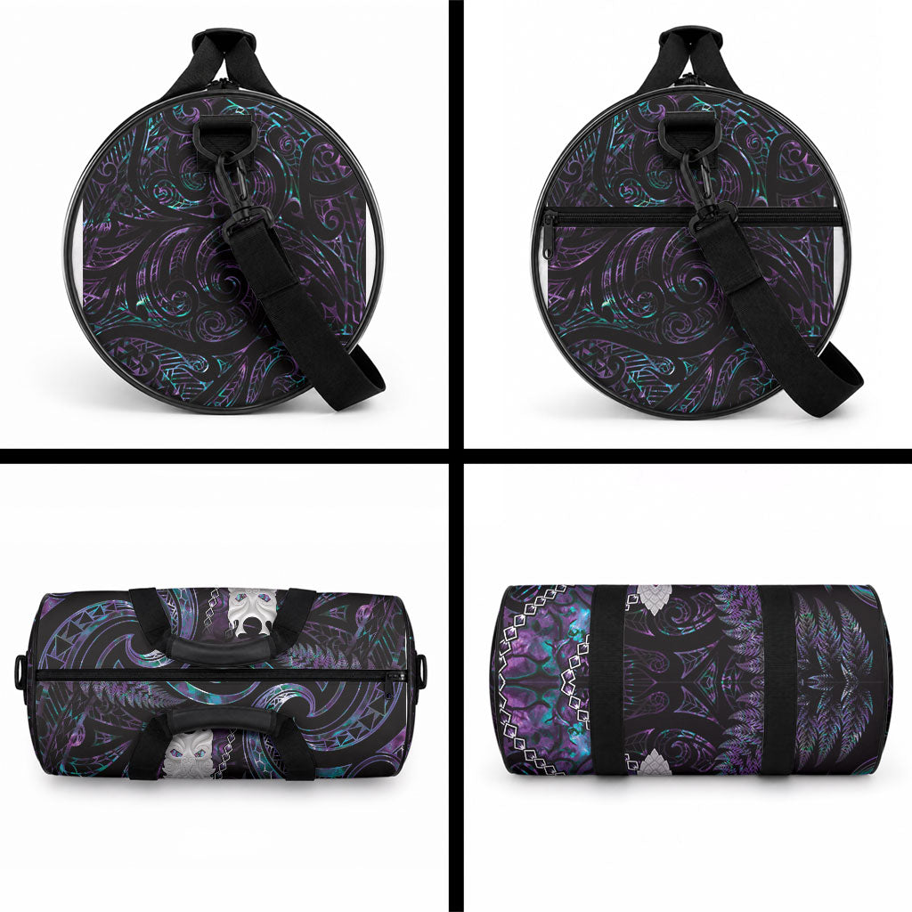 New Zealand Aotearoa Duffle Bag Maori Tane Te Waiora Paua Shell Glitter Purple