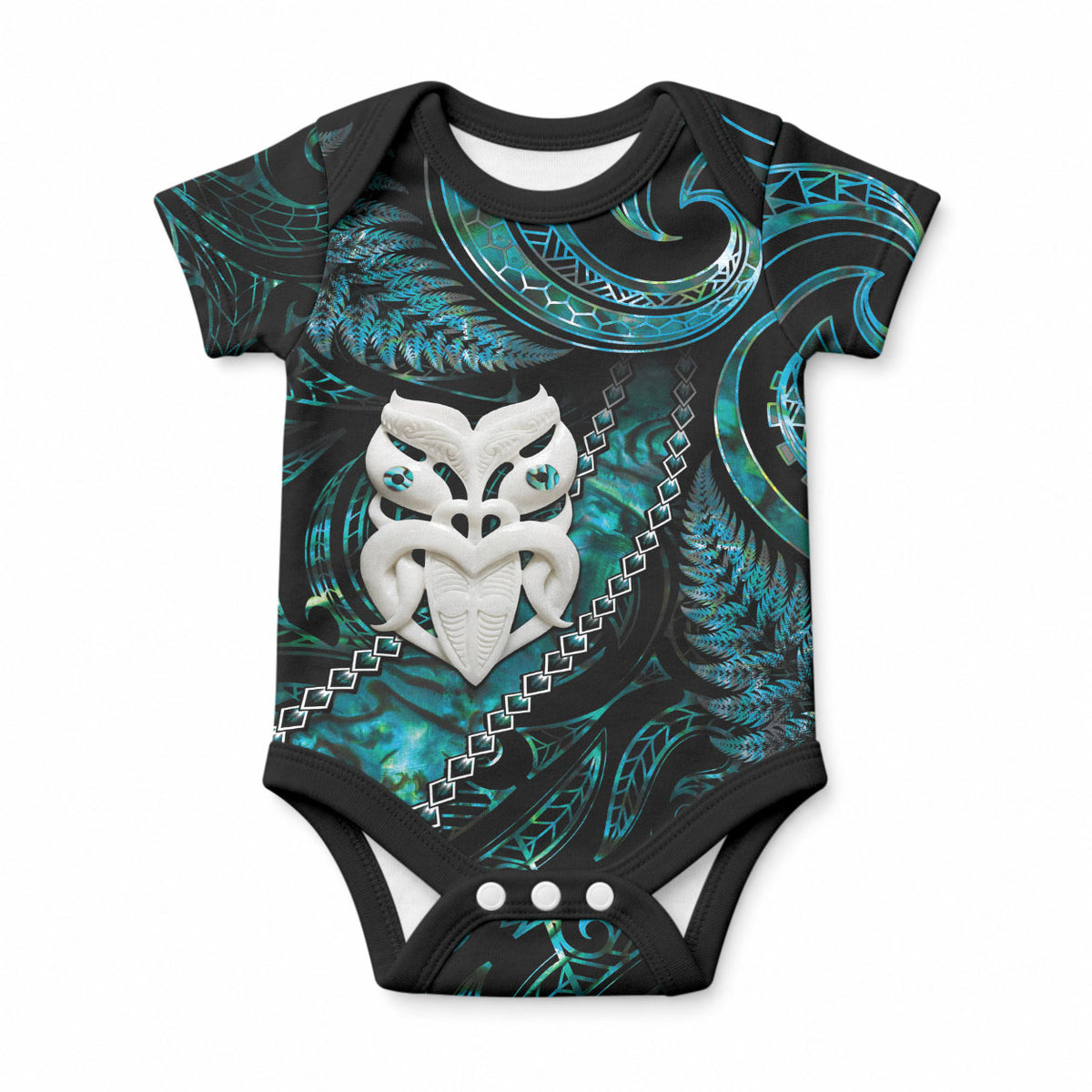 New Zealand Aotearoa Baby Onesie Maori Wheku Paua Shell Glitter Turquoise