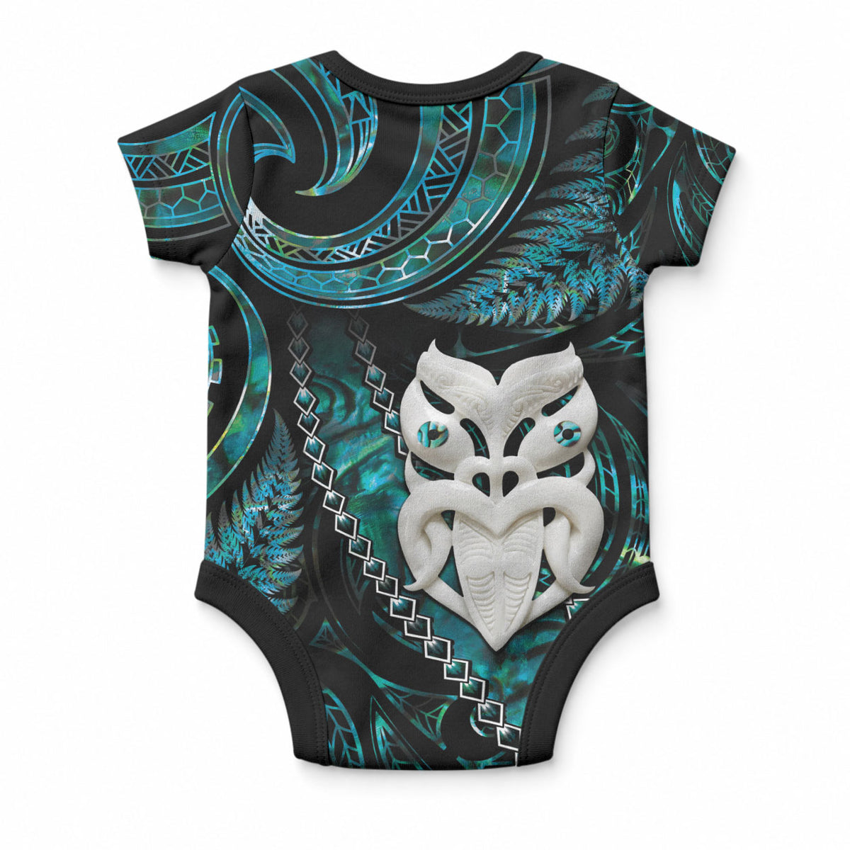 New Zealand Aotearoa Baby Onesie Maori Wheku Paua Shell Glitter Turquoise