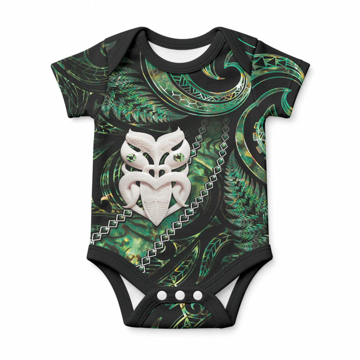 New Zealand Aotearoa Baby Onesie Maori Wheku Paua Shell Glitter Green