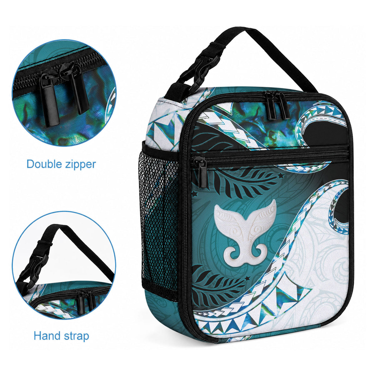 Aotearoa New Zealand Lunch Bag Maori Wera Paua Shell Teal Glitter