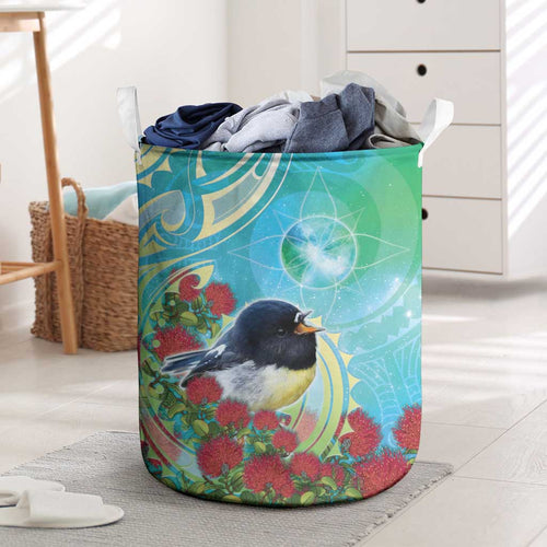 New Zealand Tomtit Laundry Basket Maori Koru With Pohutukawa Galaxy Style - Aussie Hoodie