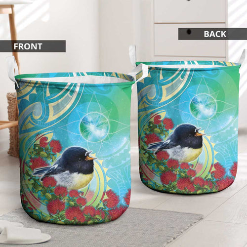 New Zealand Tomtit Laundry Basket Maori Koru With Pohutukawa Galaxy Style - Aussie Hoodie