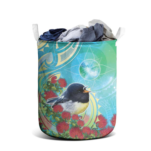 New Zealand Tomtit Laundry Basket Maori Koru With Pohutukawa Galaxy Style - Aussie Hoodie