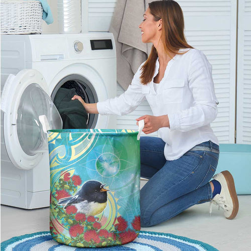 New Zealand Tomtit Laundry Basket Maori Koru With Pohutukawa Galaxy Style - Aussie Hoodie