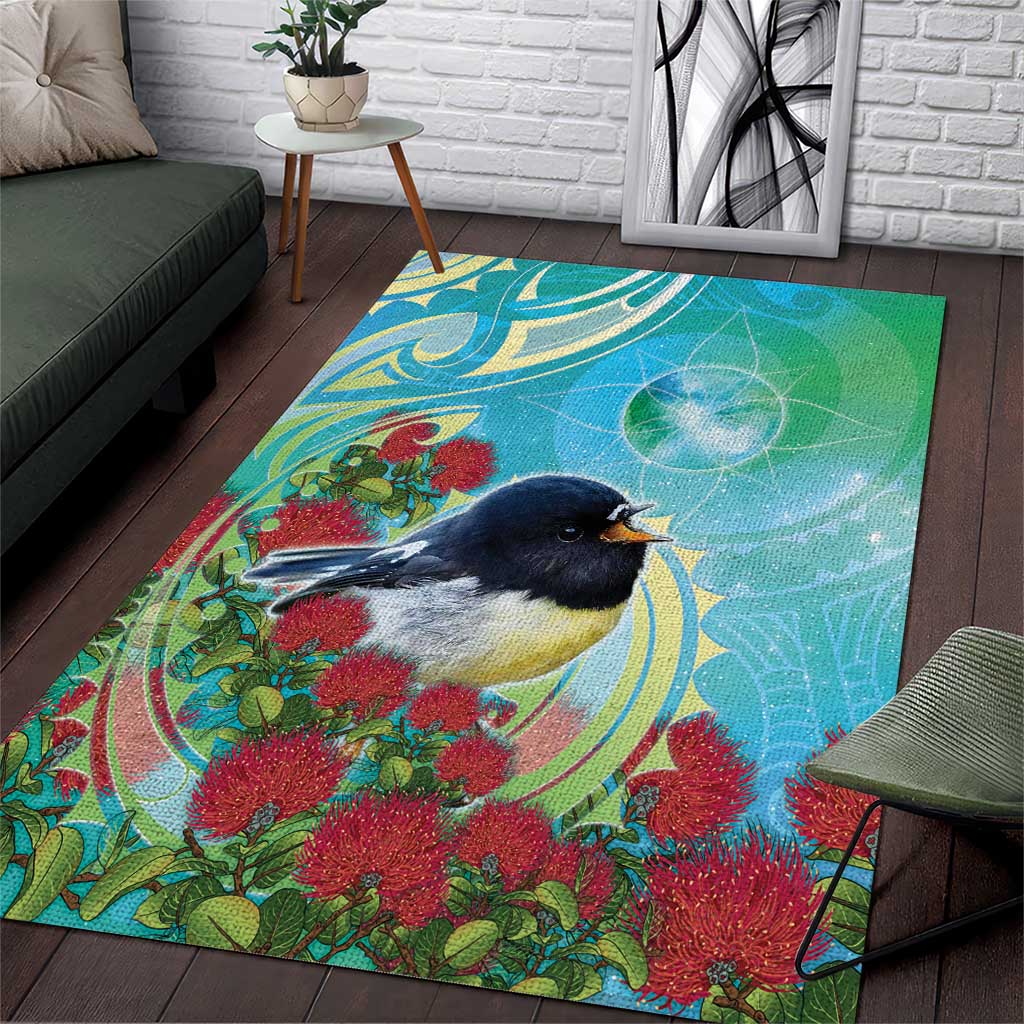 New Zealand Tomtit Area Rug Maori Koru With Pohutukawa Galaxy Style - Aussie Hoodie