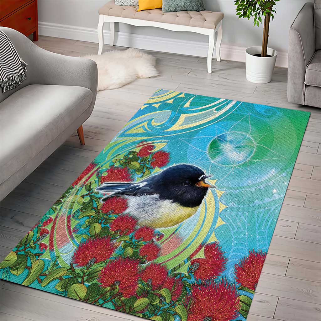 New Zealand Tomtit Area Rug Maori Koru With Pohutukawa Galaxy Style - Aussie Hoodie