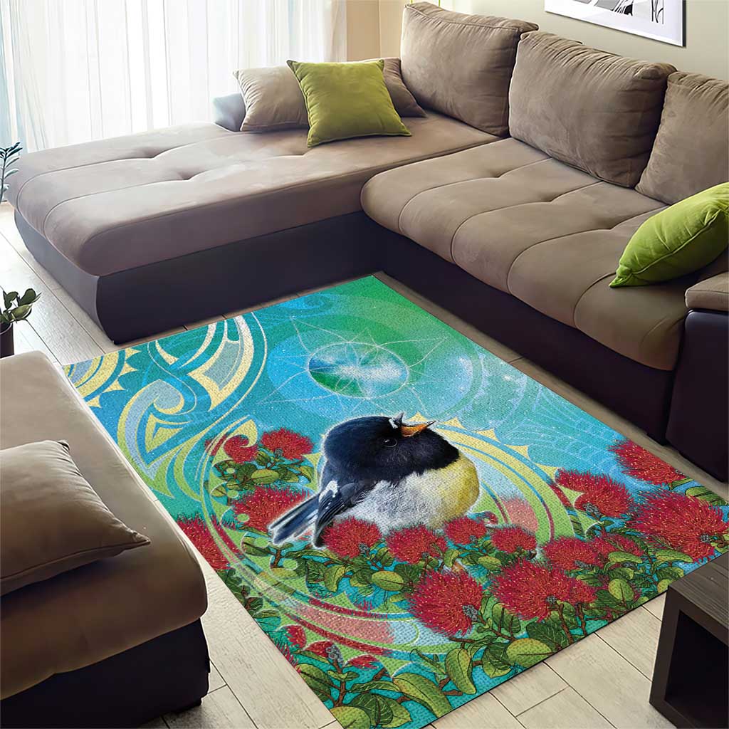 New Zealand Tomtit Area Rug Maori Koru With Pohutukawa Galaxy Style - Aussie Hoodie