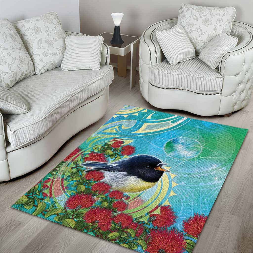 New Zealand Tomtit Area Rug Maori Koru With Pohutukawa Galaxy Style - Aussie Hoodie