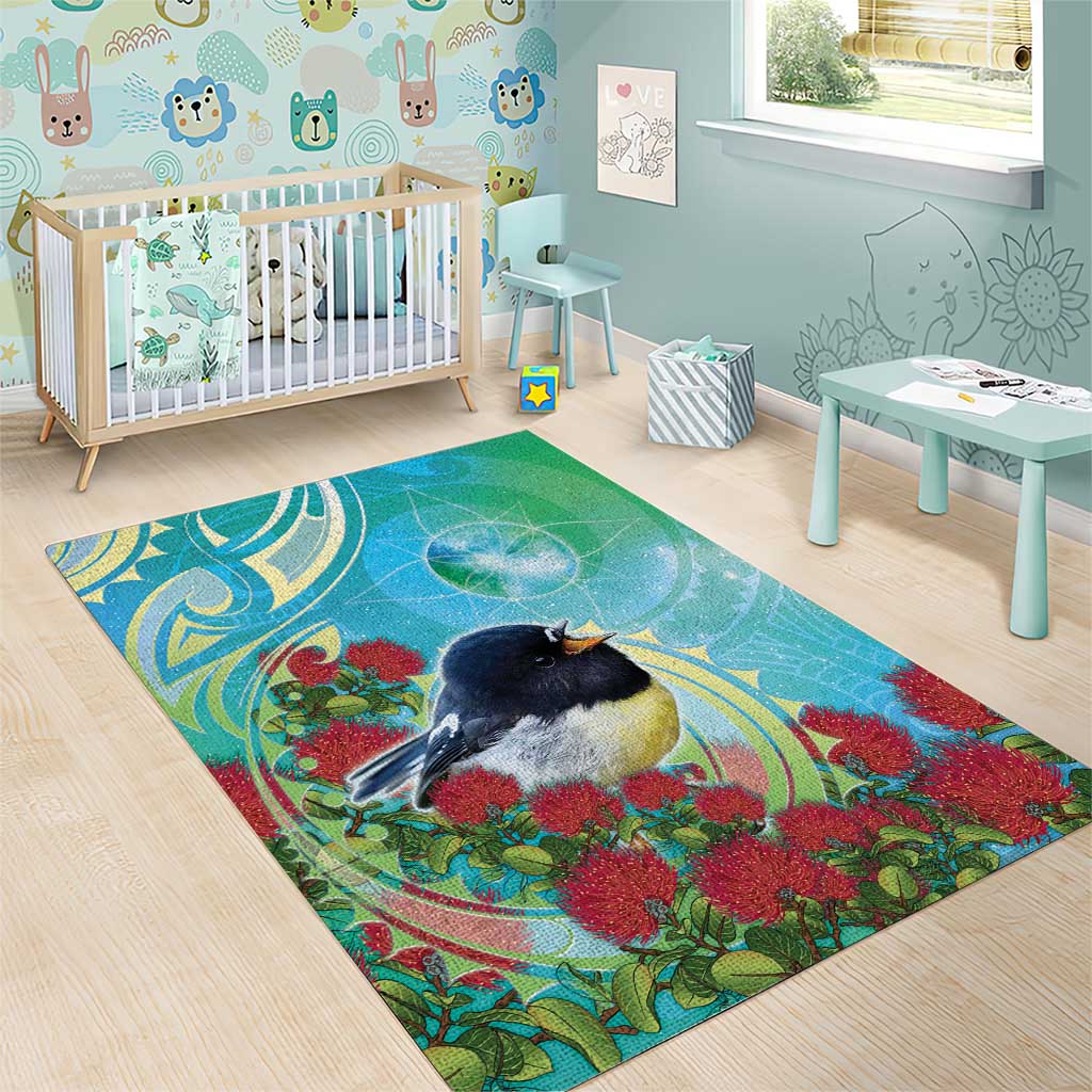 New Zealand Tomtit Area Rug Maori Koru With Pohutukawa Galaxy Style - Aussie Hoodie