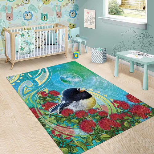 New Zealand Tomtit Area Rug Maori Koru With Pohutukawa Galaxy Style - Aussie Hoodie