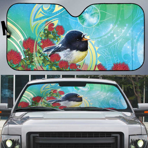 New Zealand Tomtit Auto Sun Shade Maori Koru With Pohutukawa Galaxy Style - Aussie Hoodie