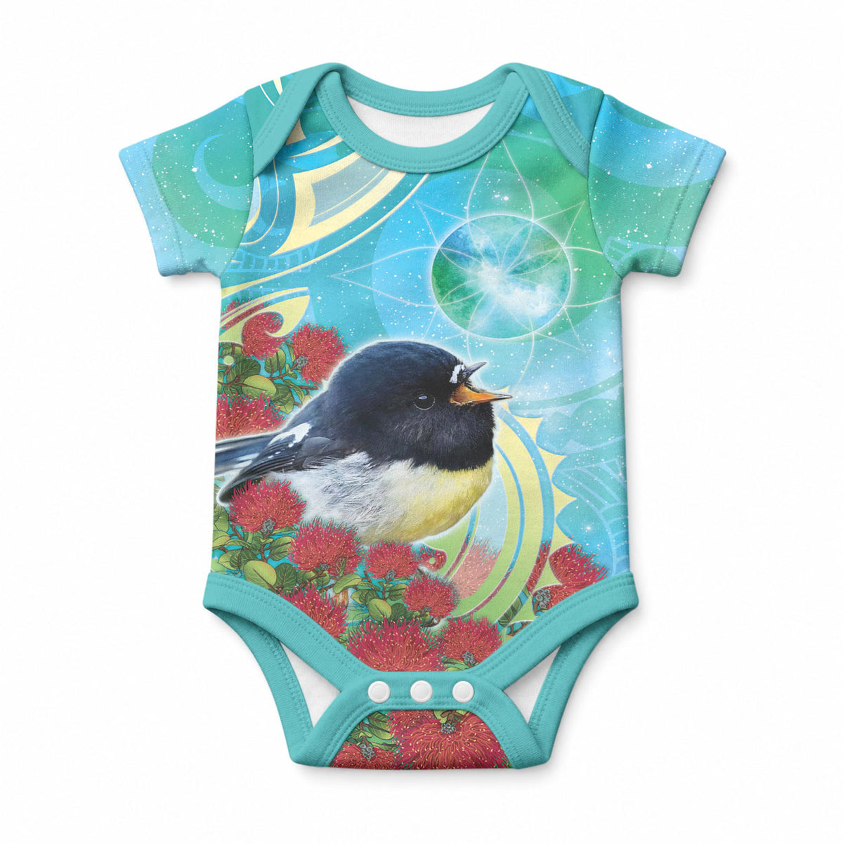New Zealand Tomtit Baby Onesie Maori Koru With Pohutukawa Galaxy Style