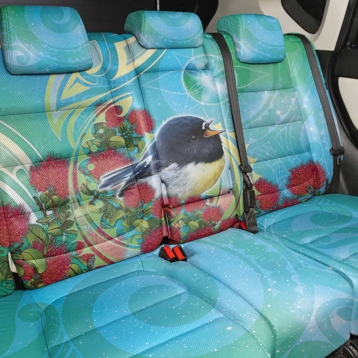 New Zealand Tomtit Back Car Seat Cover Maori Koru With Pohutukawa Galaxy Style - Aussie Hoodie