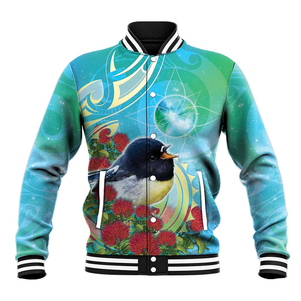 New Zealand Tomtit Baseball Jacket Maori Koru With Pohutukawa Galaxy Style - Aussie Hoodie
