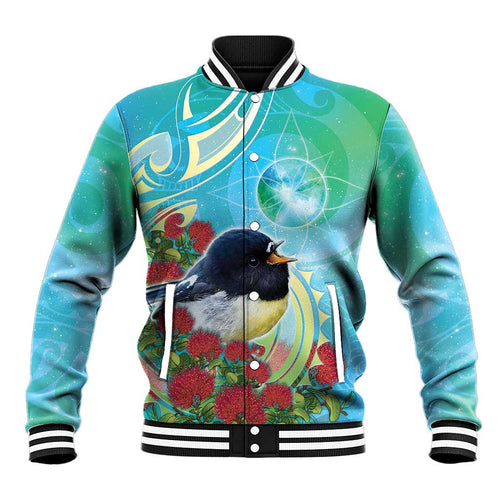 New Zealand Tomtit Baseball Jacket Maori Koru With Pohutukawa Galaxy Style - Aussie Hoodie