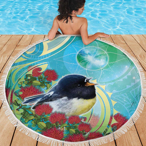 New Zealand Tomtit Beach Blanket Maori Koru With Pohutukawa Galaxy Style - Aussie Hoodie