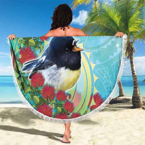 New Zealand Tomtit Beach Blanket Maori Koru With Pohutukawa Galaxy Style - Aussie Hoodie