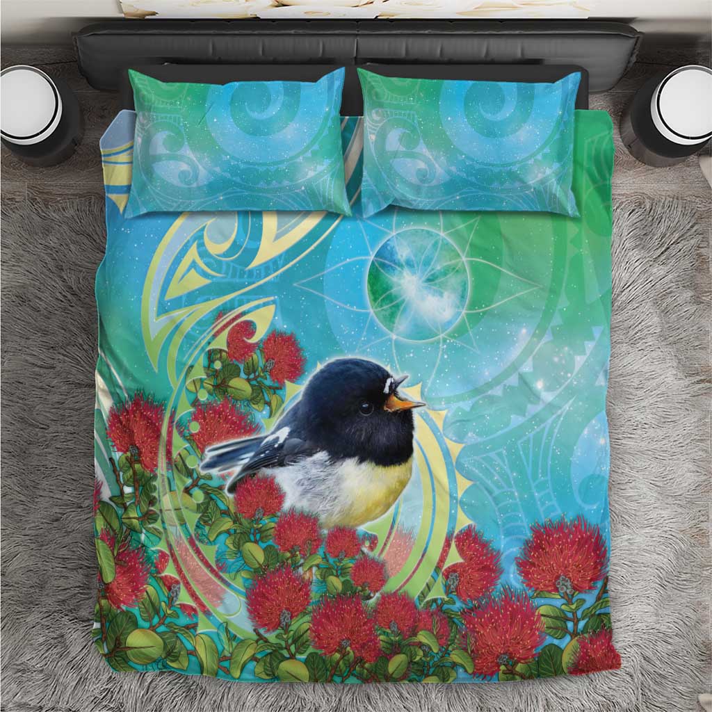 New Zealand Tomtit Bedding Set Maori Koru With Pohutukawa Galaxy Style - Aussie Hoodie